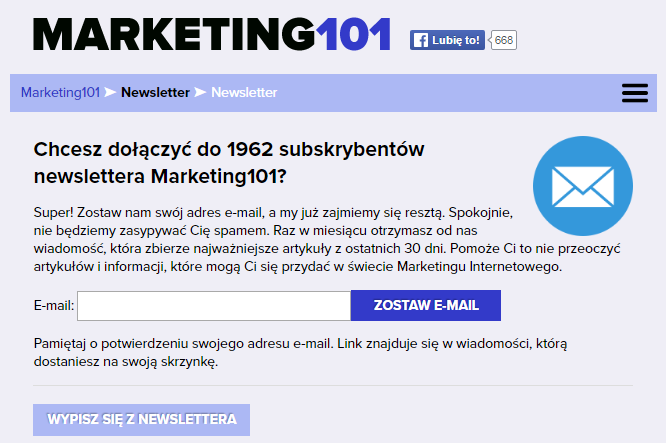 podstrona zapisu na newsletter (moduł ICEberg CMS, serwis: marketing101.pl przed zmianami)