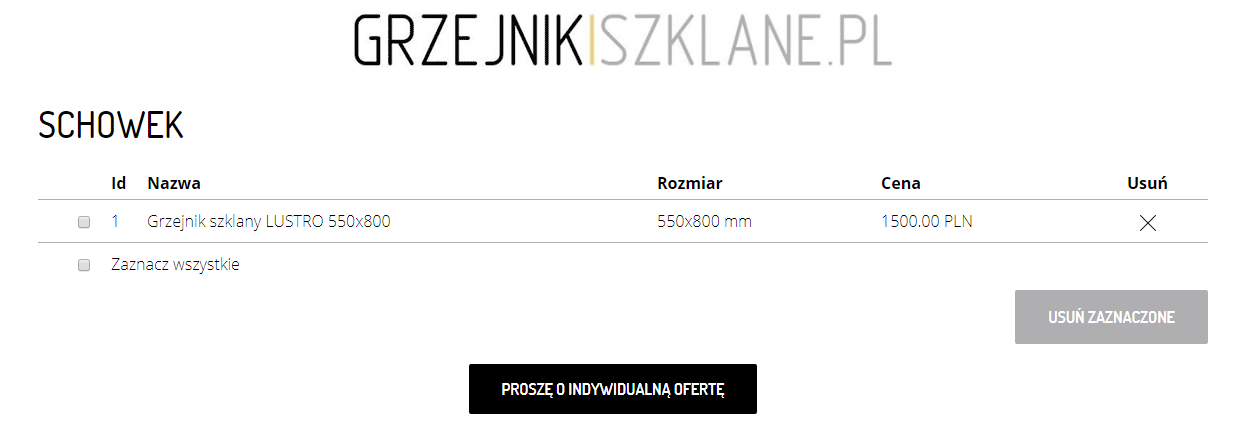 Widok schowka na stronie www.grzejnikiszklane.pl (realizacja: Krakweb)
