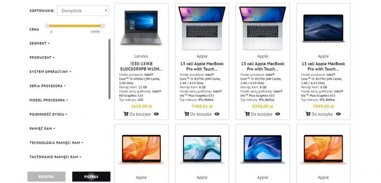e-commerce lista produktów z filtrami Komputery Notebooki